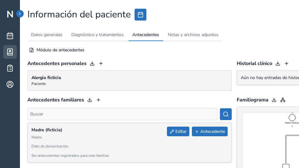 Pestaña de antecedentes de NeuraClinic con un familiograma ficticio