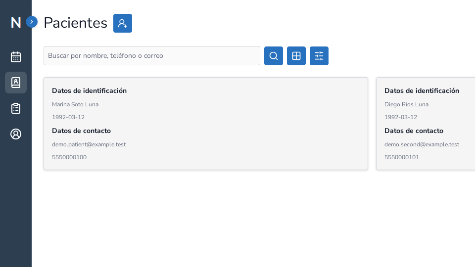 Listado real de pacientes de NeuraClinic con datos ficticios de demostración