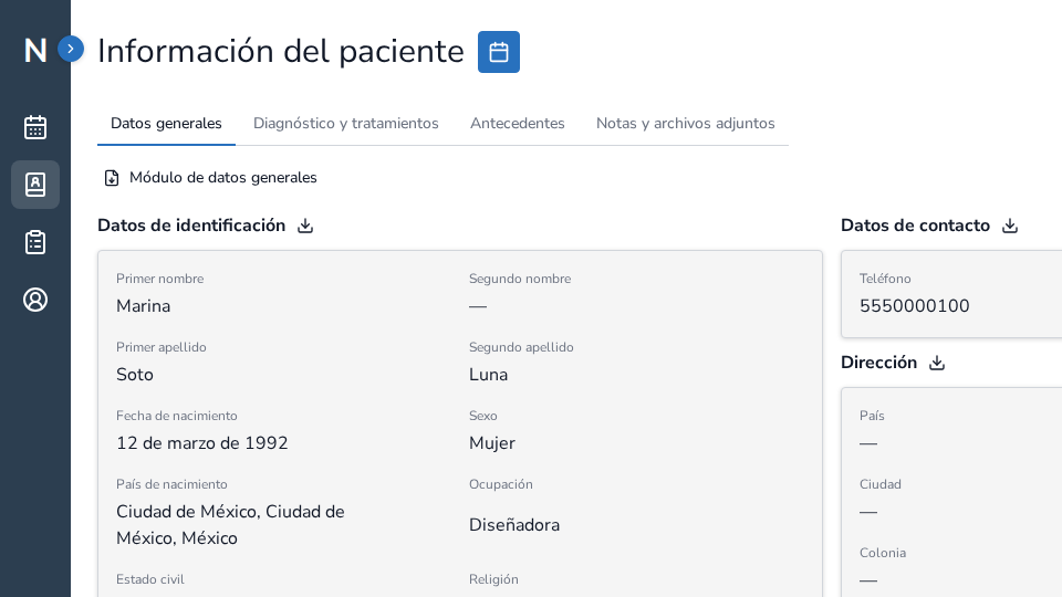 Captura enfocada del expediente de un paciente ficticio en NeuraClinic con datos generales y secciones relacionadas