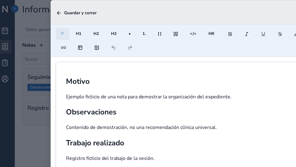 Modal de edición de una nota clínica ficticia en NeuraClinic